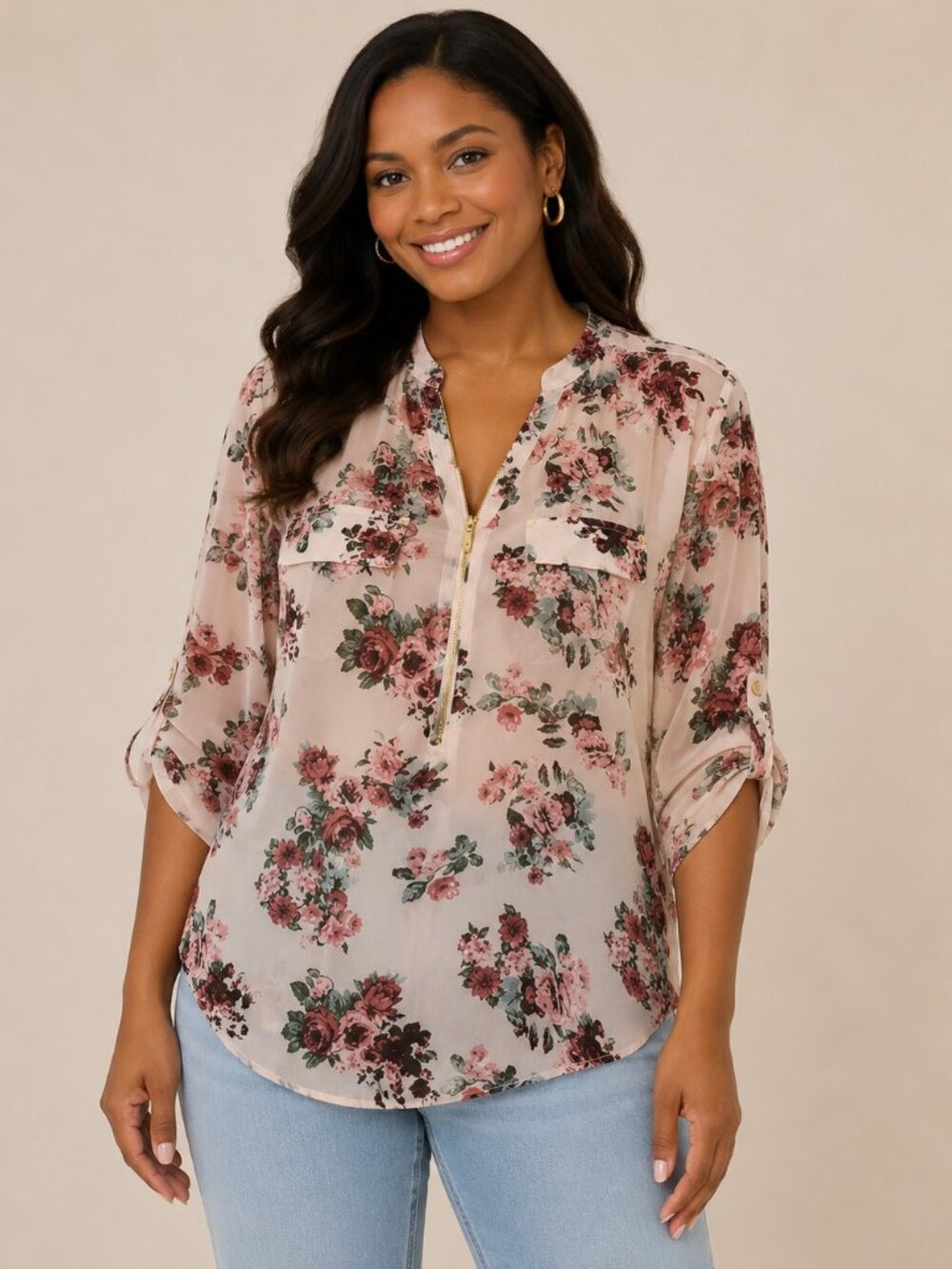 Ardene Pink Floral Sheer Zip Front Blouse Size M Romantic Boho Cottagecore Top